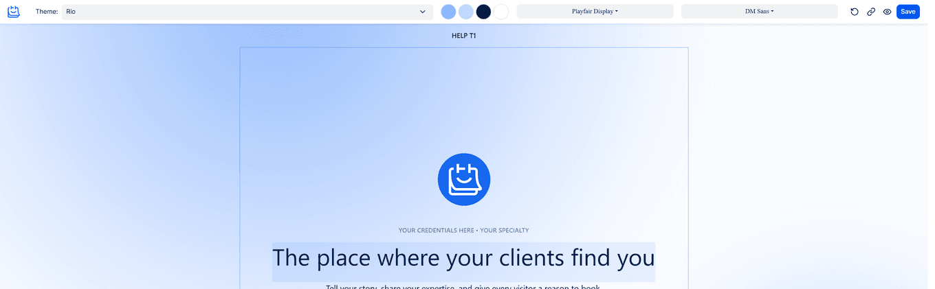 TidyCal Website editor with Rio theme applied showing blue gradient background and Playfair Display font