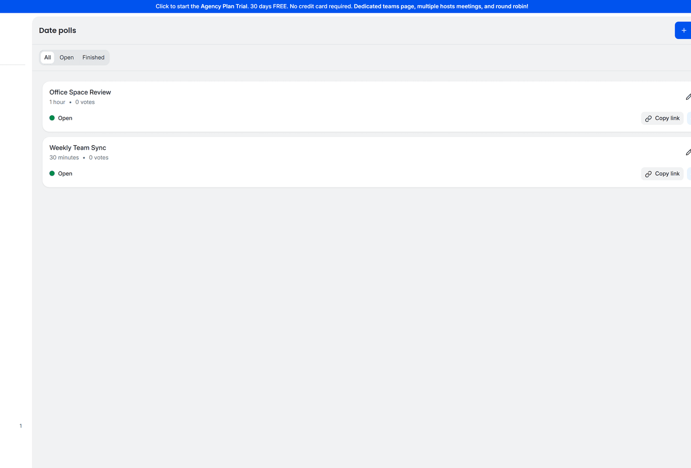 TidyCal Date Polls management page showing poll cards with status, votes, and filter controls