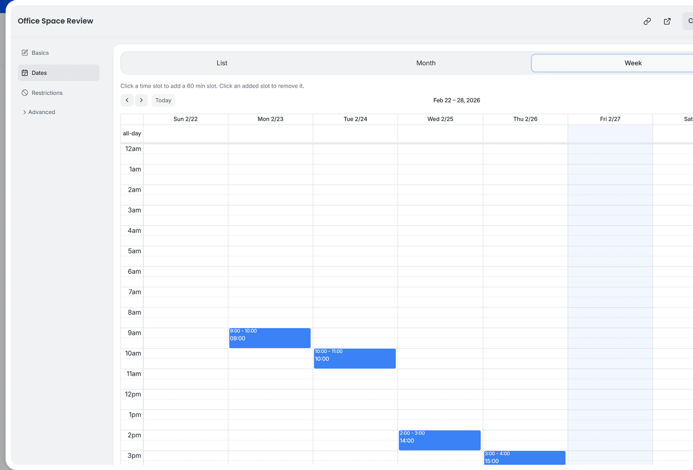 TidyCal poll calendar editor in Week view showing time slots added for different days