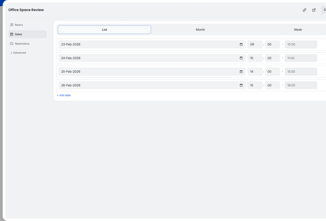 TidyCal poll calendar editor in List view showing date and time inputs with Add date option