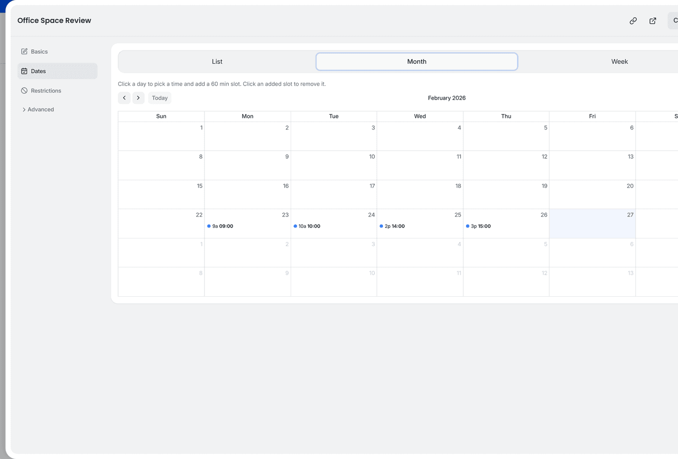 TidyCal poll calendar editor in Month view showing dates with scheduled poll times