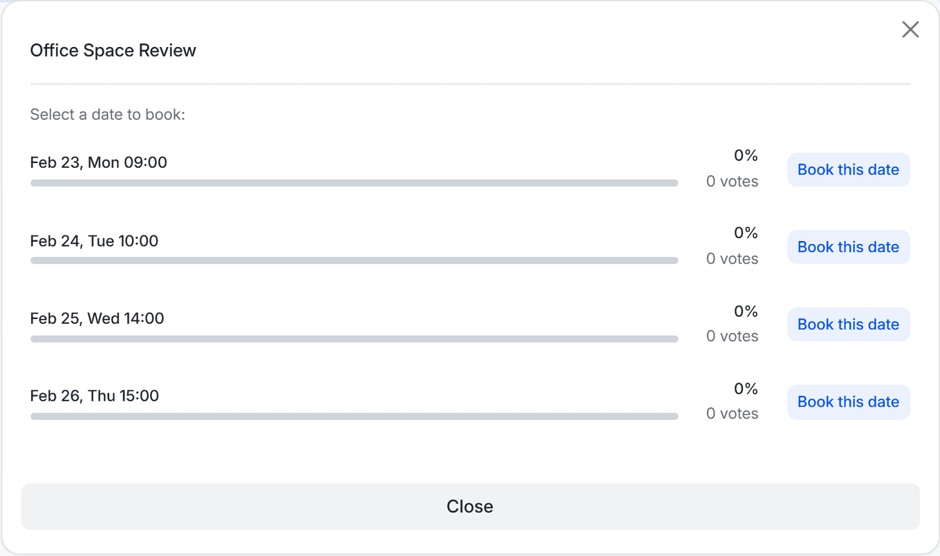 TidyCal poll voting results modal showing date options with progress bars and Book this date buttons