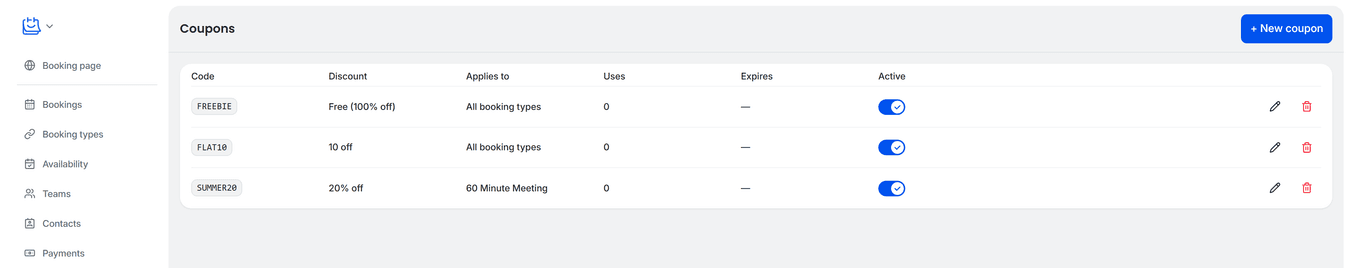 TidyCal Coupons page showing three coupons with codes discount types and active toggles