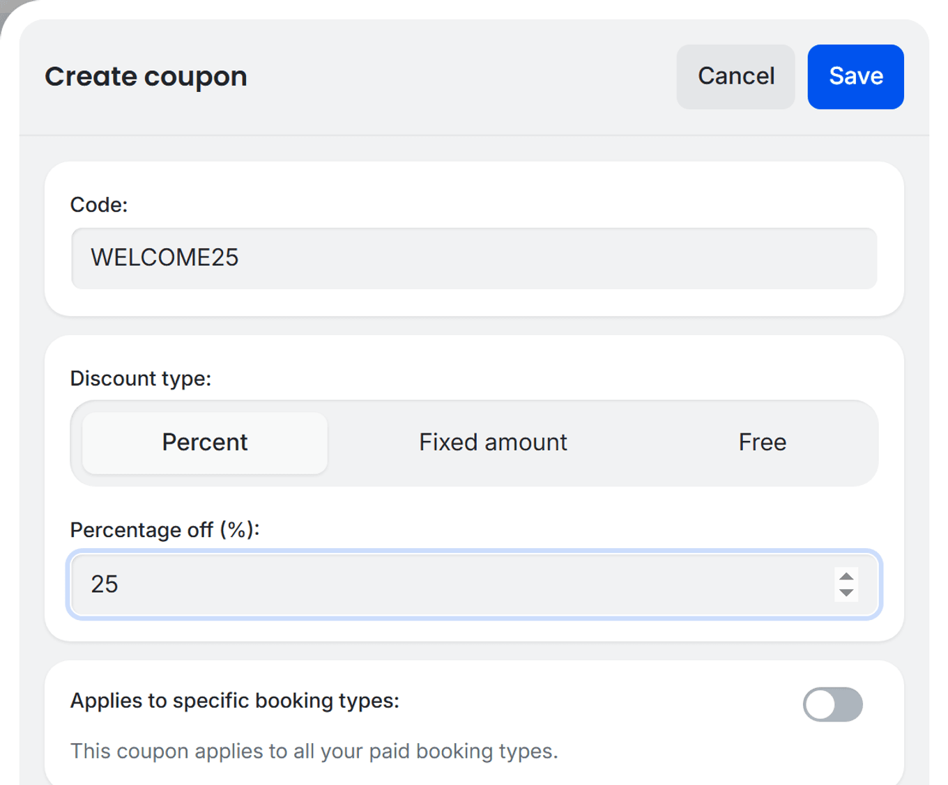 Create coupon drawer showing WELCOME25 code with Percent discount type set to 25 percent off