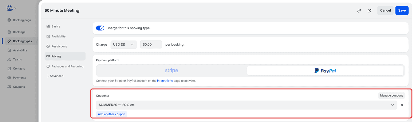 Booking type Pricing and Subscriptions tab showing SUMMER20 coupon attached with Manage coupons link
