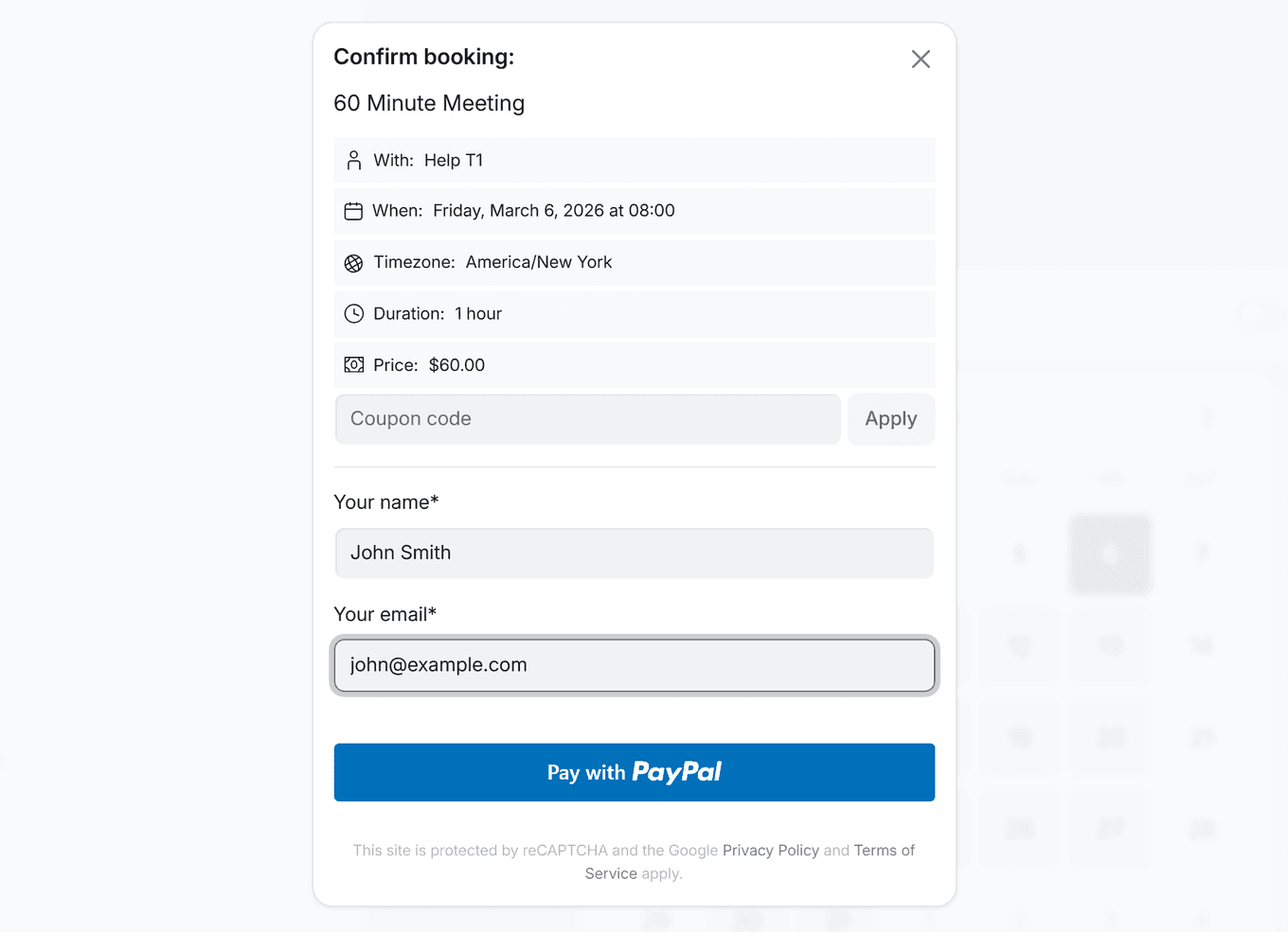 Booking confirmation modal showing coupon code input field with Apply button and 60 dollar price