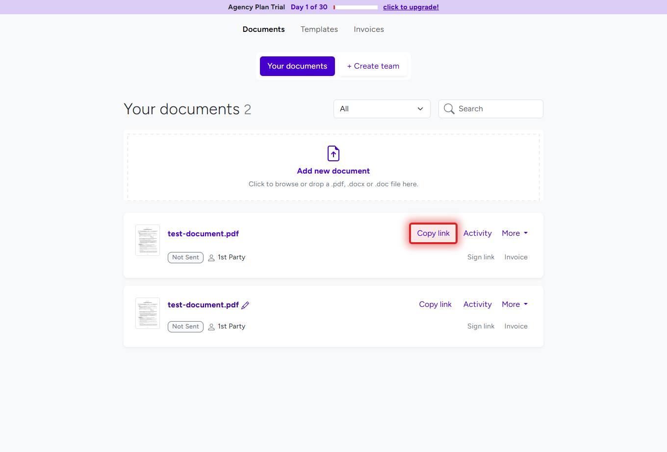 BreezeDoc documents list showing Copy link button highlighted for sharing signing links