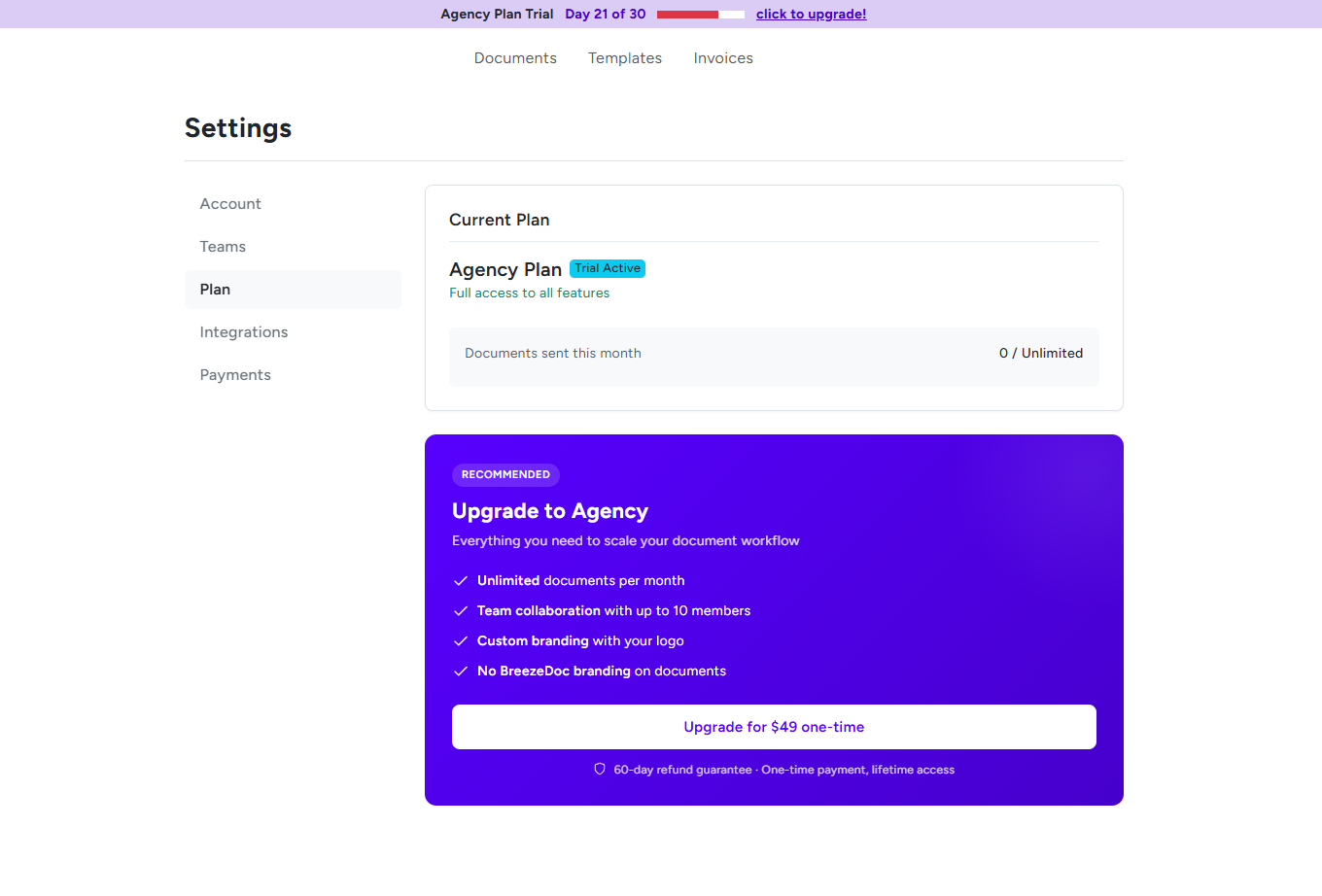 BreezeDoc Plan page for Individual/Trial users showing Upgrade to Agency promotion card