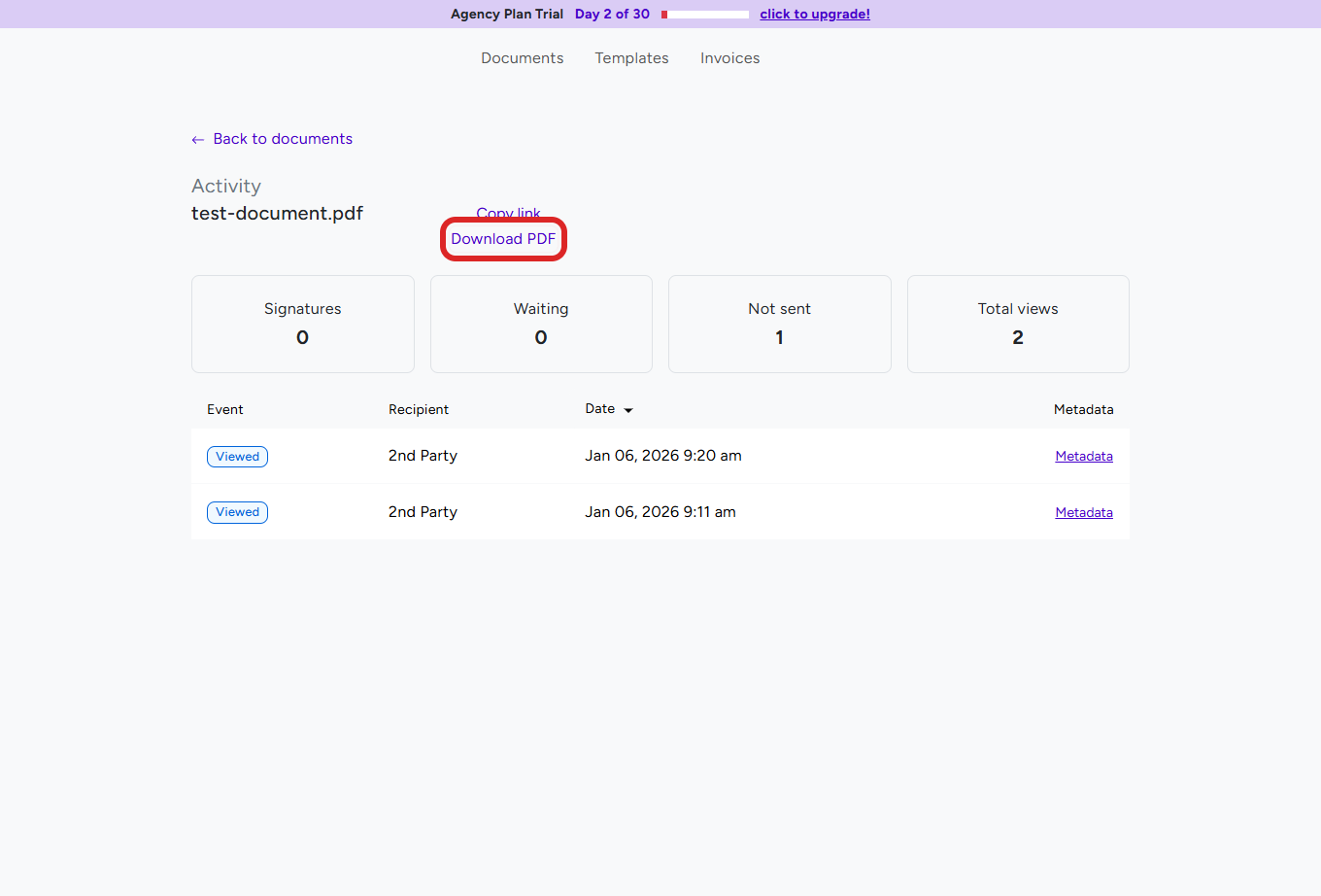 Download PDF button on document activity page