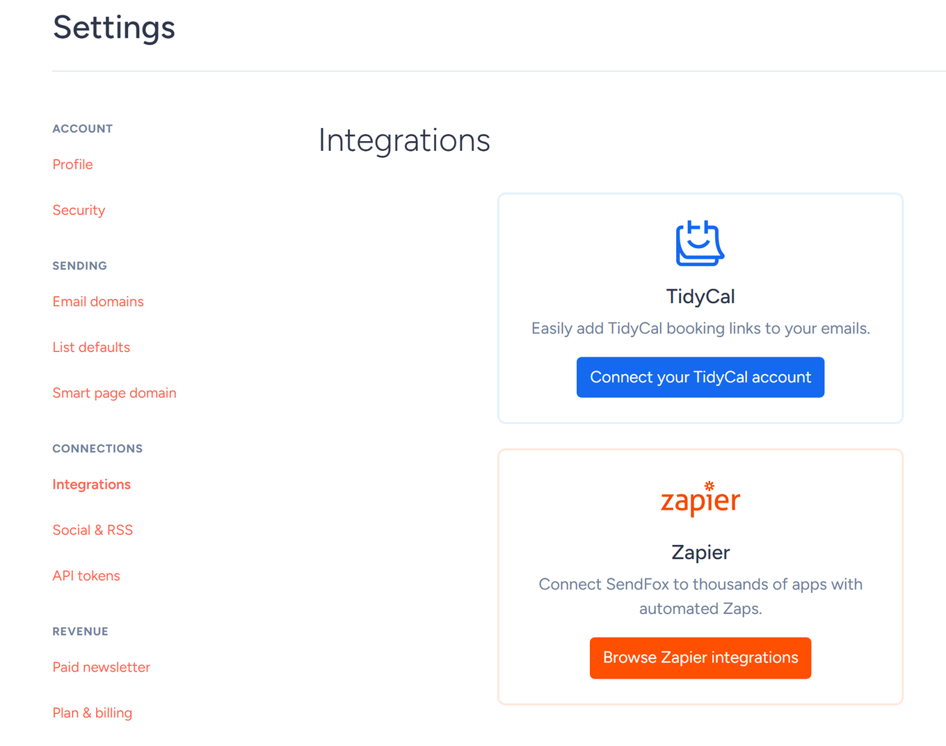 SendFox Settings Integrations page showing the TidyCal and Zapier connection cards