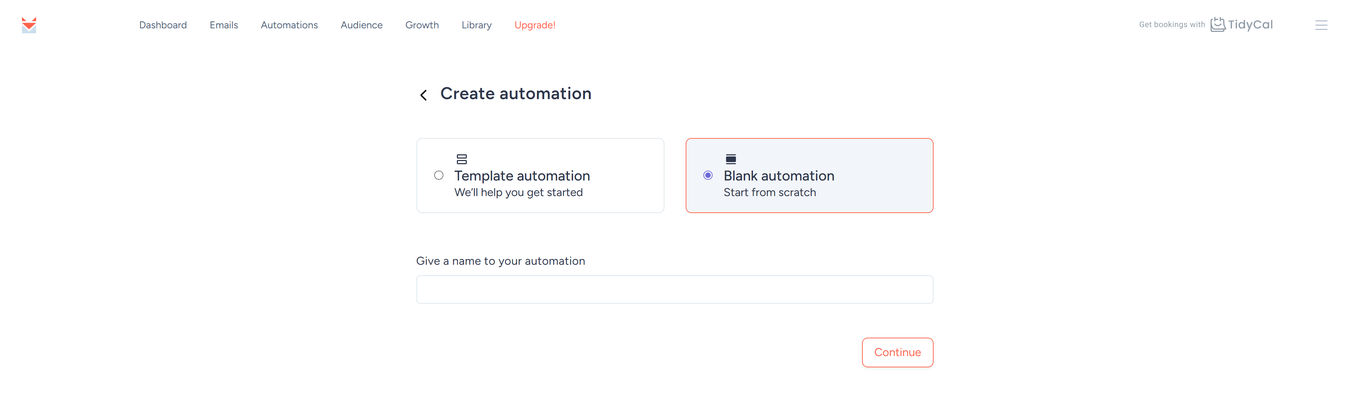 SendFox Create automation screen with Template automation and Blank automation options