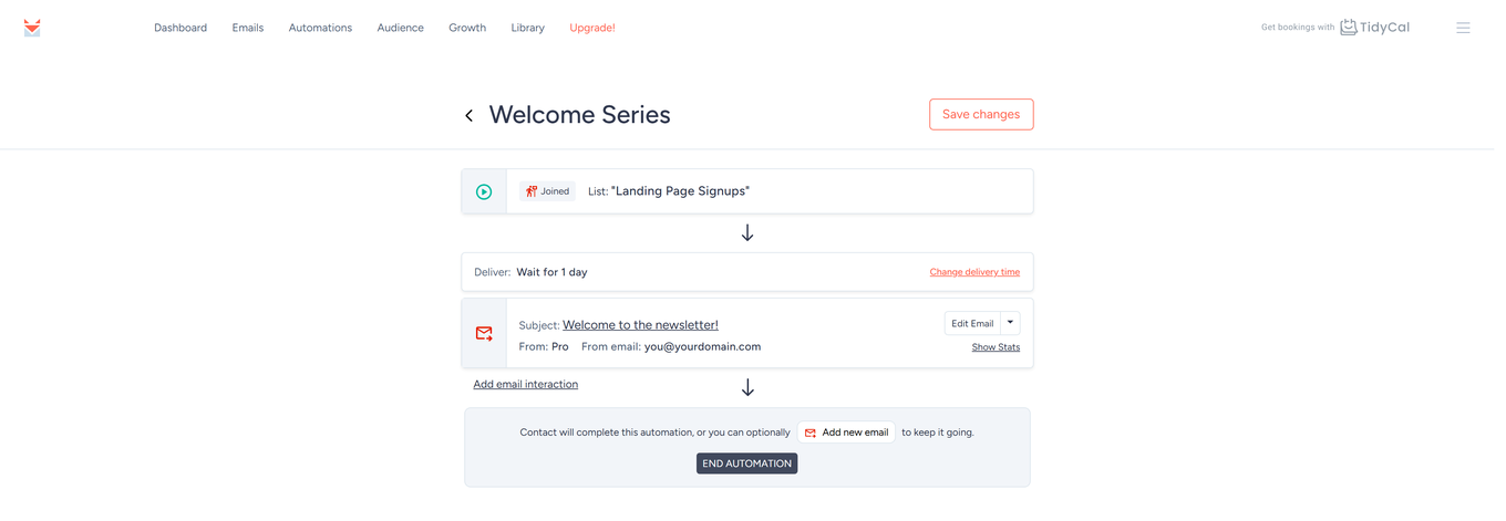 SendFox automation builder with the Deliver row and Change delivery time link on the email step