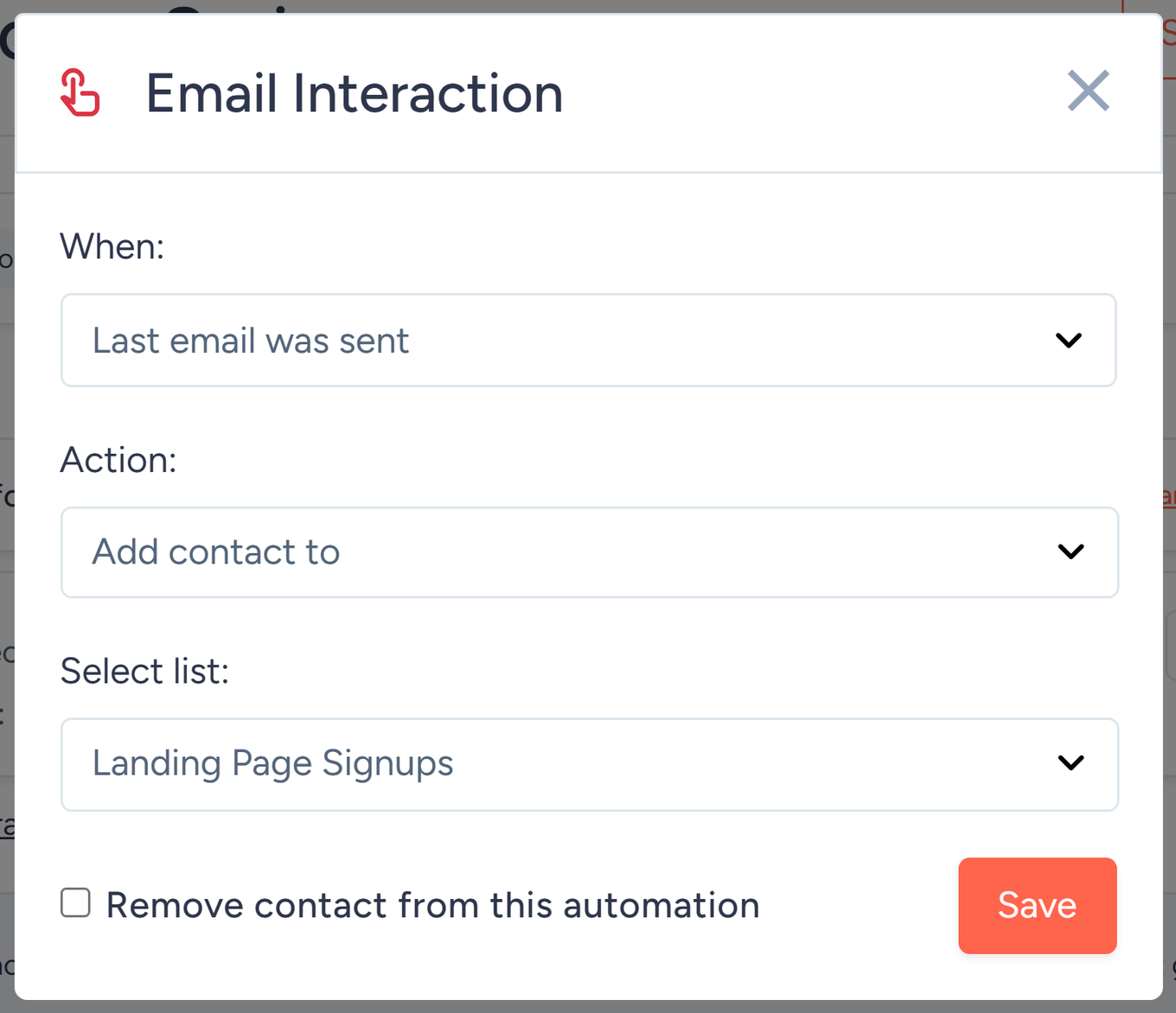 Email Interaction window with When, Action, and Select list options for moving contacts between lists