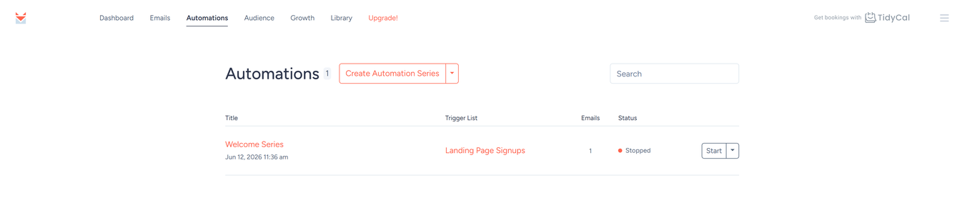 SendFox Automations page showing an automation with its Stopped status badge and Start button