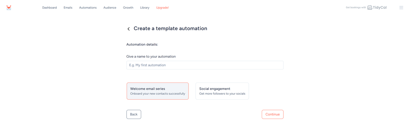Create a template automation screen with Welcome email series and Social engagement templates