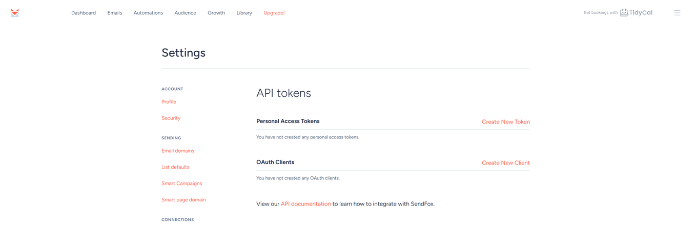 SendFox API tokens settings page with Create New Token and the OAuth Clients section