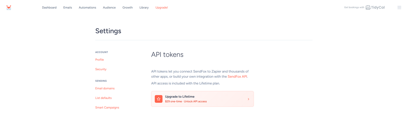 API tokens page on the Free plan showing the upgrade prompt for API access