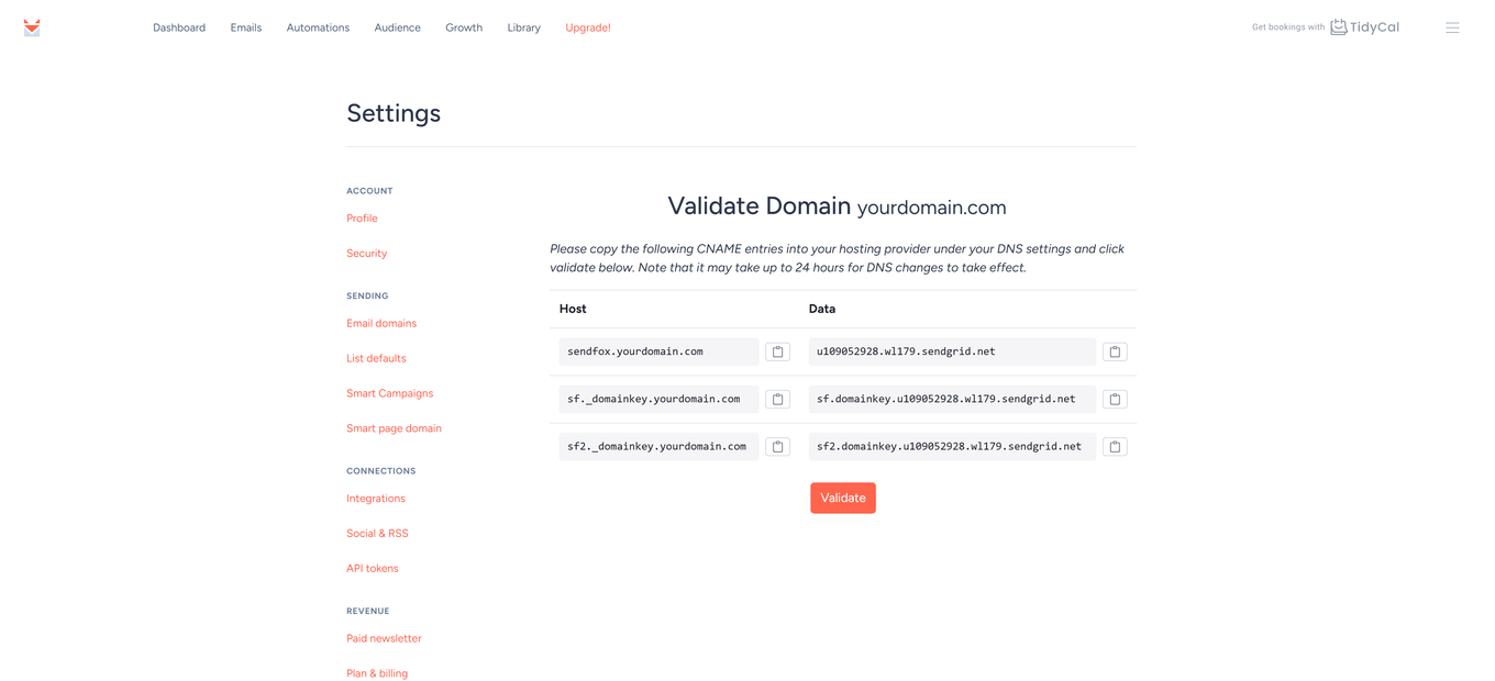 Validate Domain page showing the three CNAME entries to copy into your DNS settings