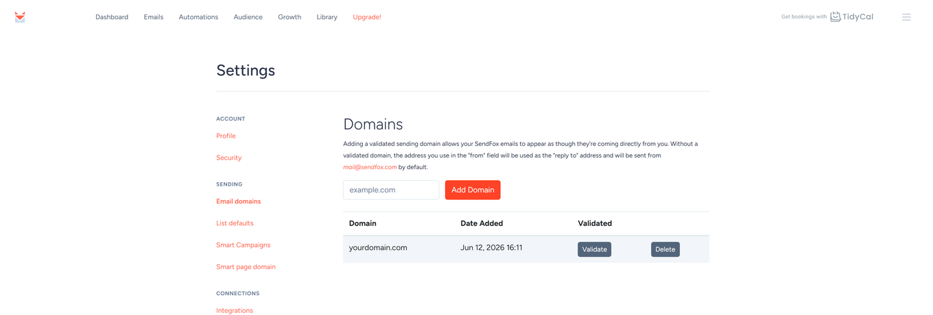 SendFox Email domains page with a domain added and the Validate button