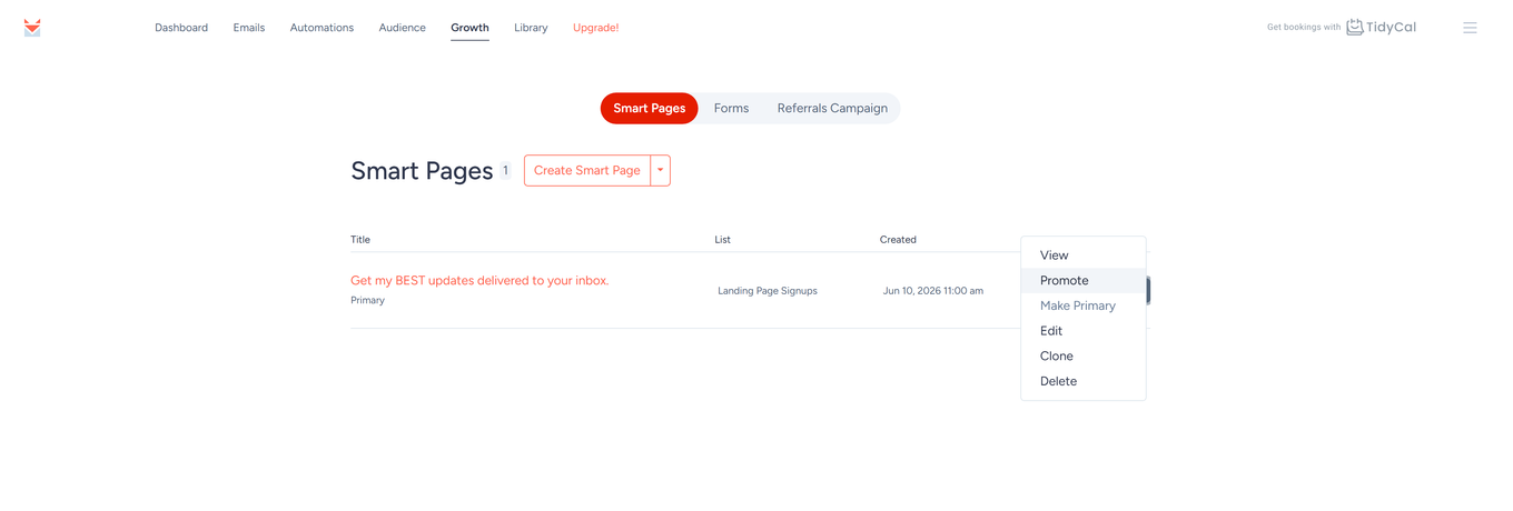 Smart Pages list with the row menu open showing the Make Primary option