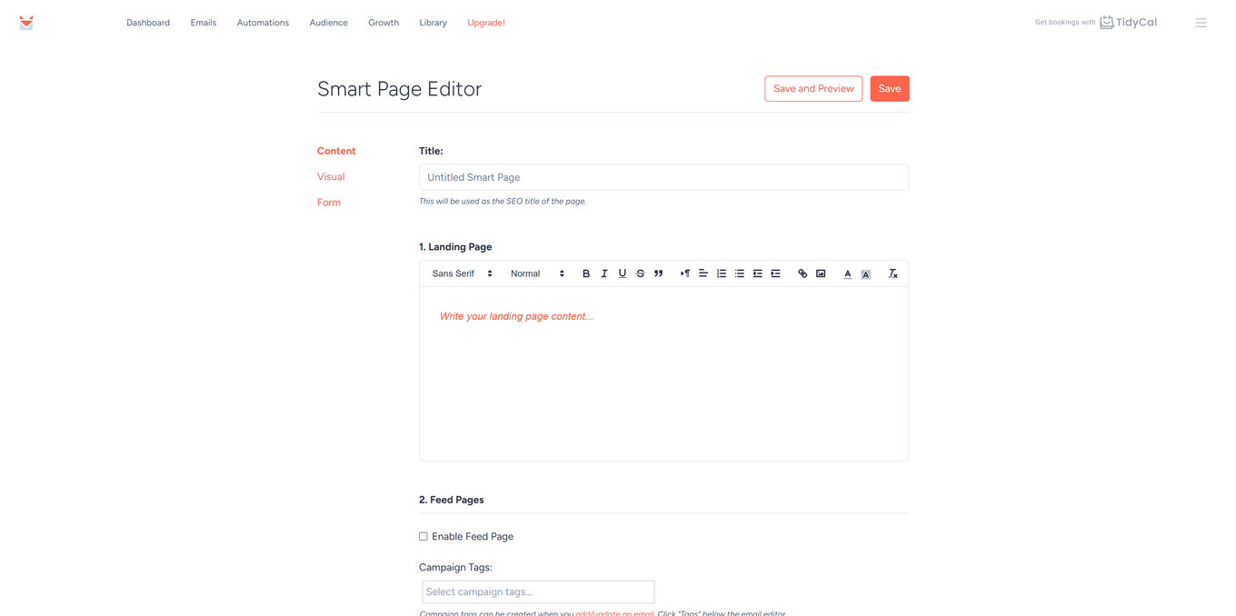 Smart Page Editor with the Enable Feed Page checkbox and Campaign Tags field