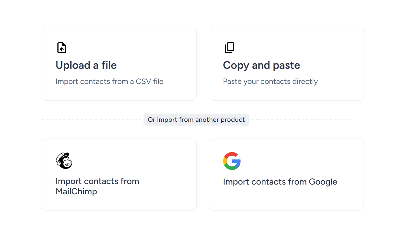 SendFox contact import options: CSV file, copy and paste, MailChimp, and Google