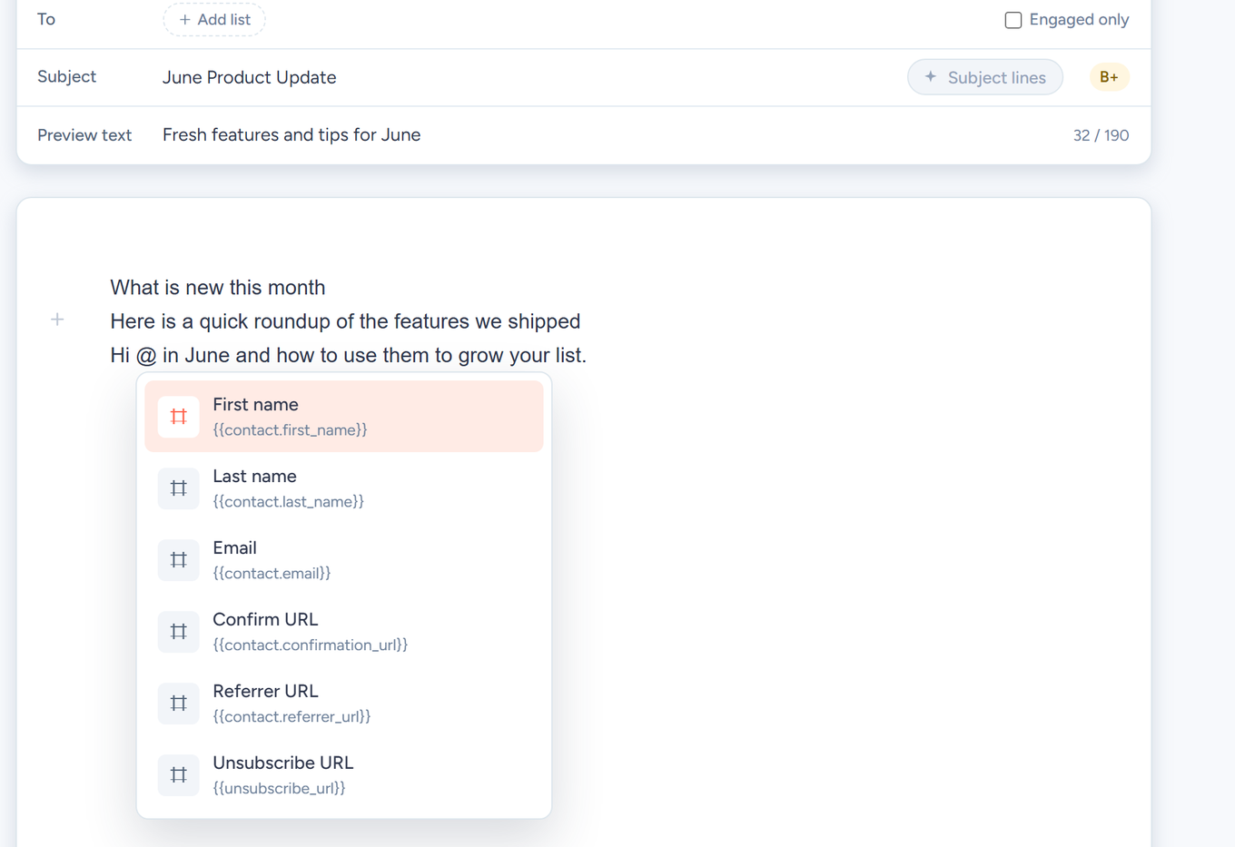 SendFox email editor personalization menu with First name, Last name, Email and URL tags