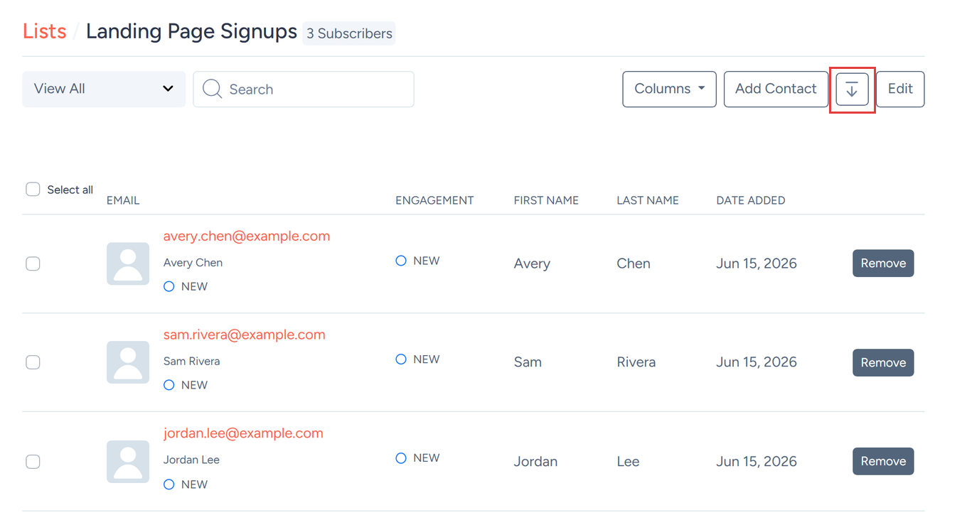 SendFox list contacts page with the Export CSV download button highlighted