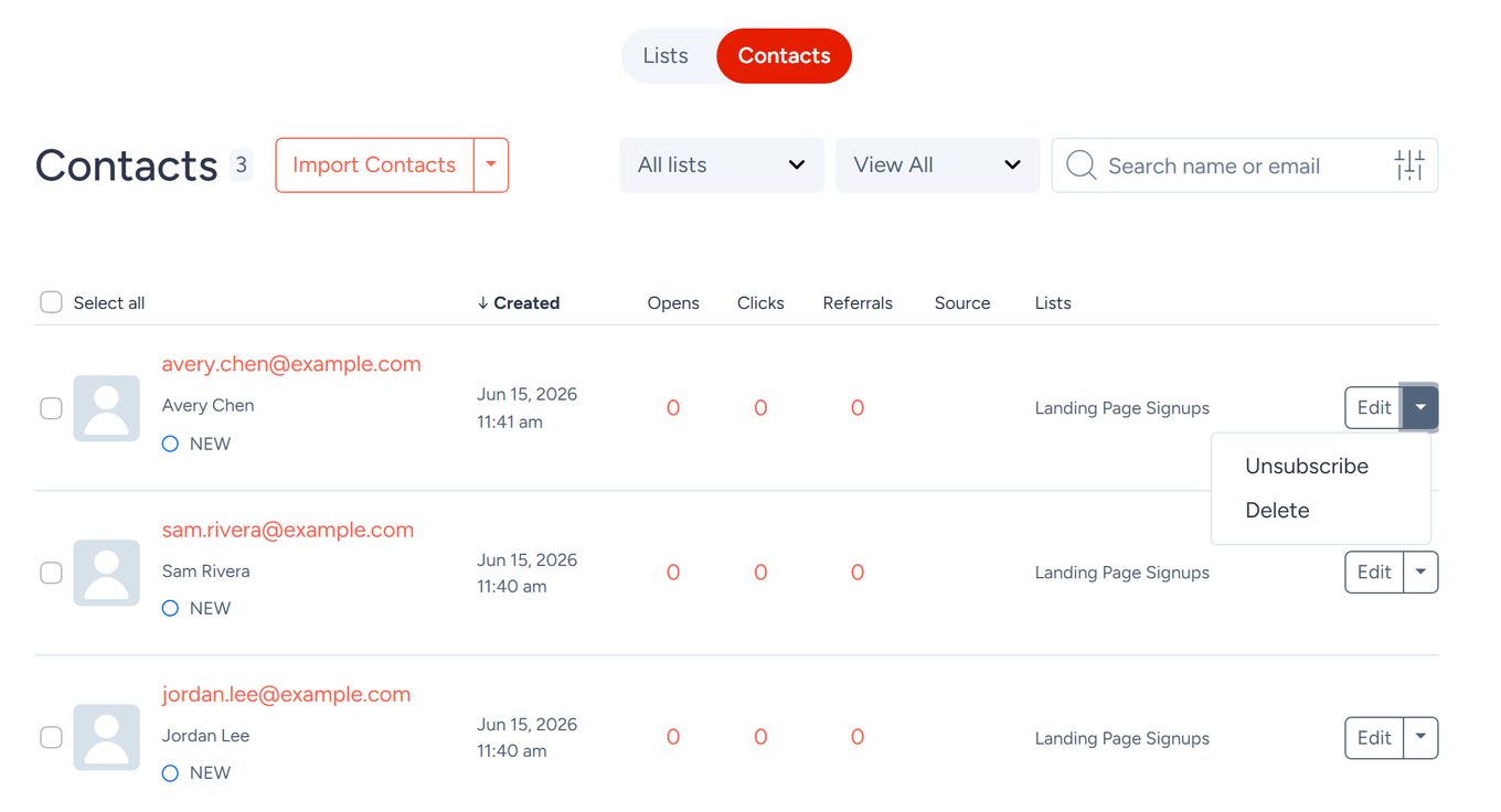 SendFox Contacts page with a contact's menu open showing Unsubscribe and Delete
