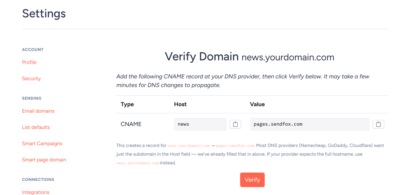 SendFox Verify Domain page with the CNAME record (Host news, Value pages.sendfox.com) and Verify button