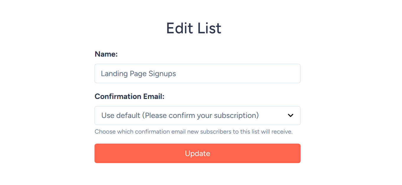 SendFox Edit List page with the Confirmation Email dropdown for a list