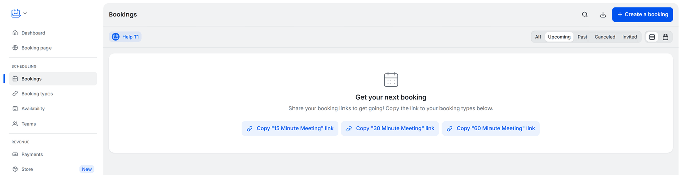 TidyCal Bookings page with the Create a booking button and the Invited tab