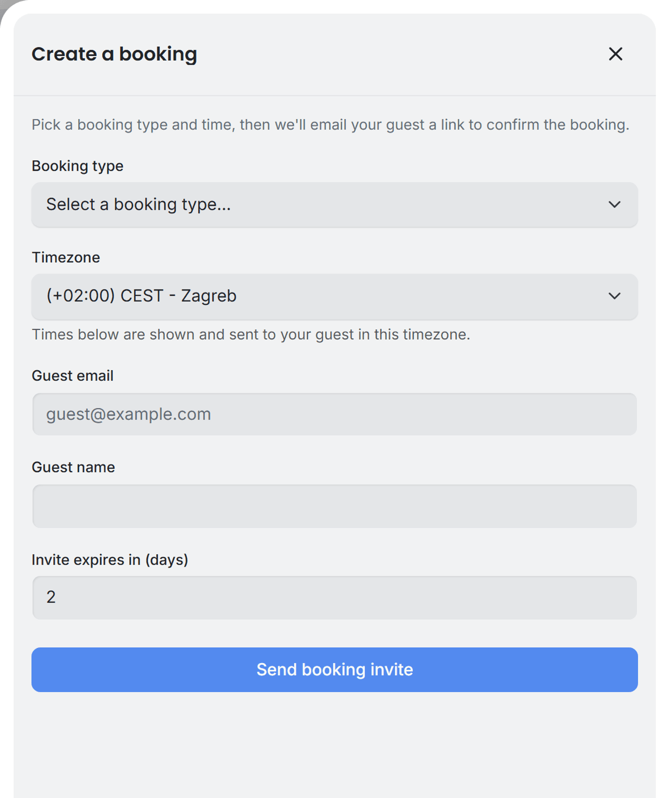 TidyCal Create a booking panel with booking type, timezone, guest email and name, and Send booking invite button