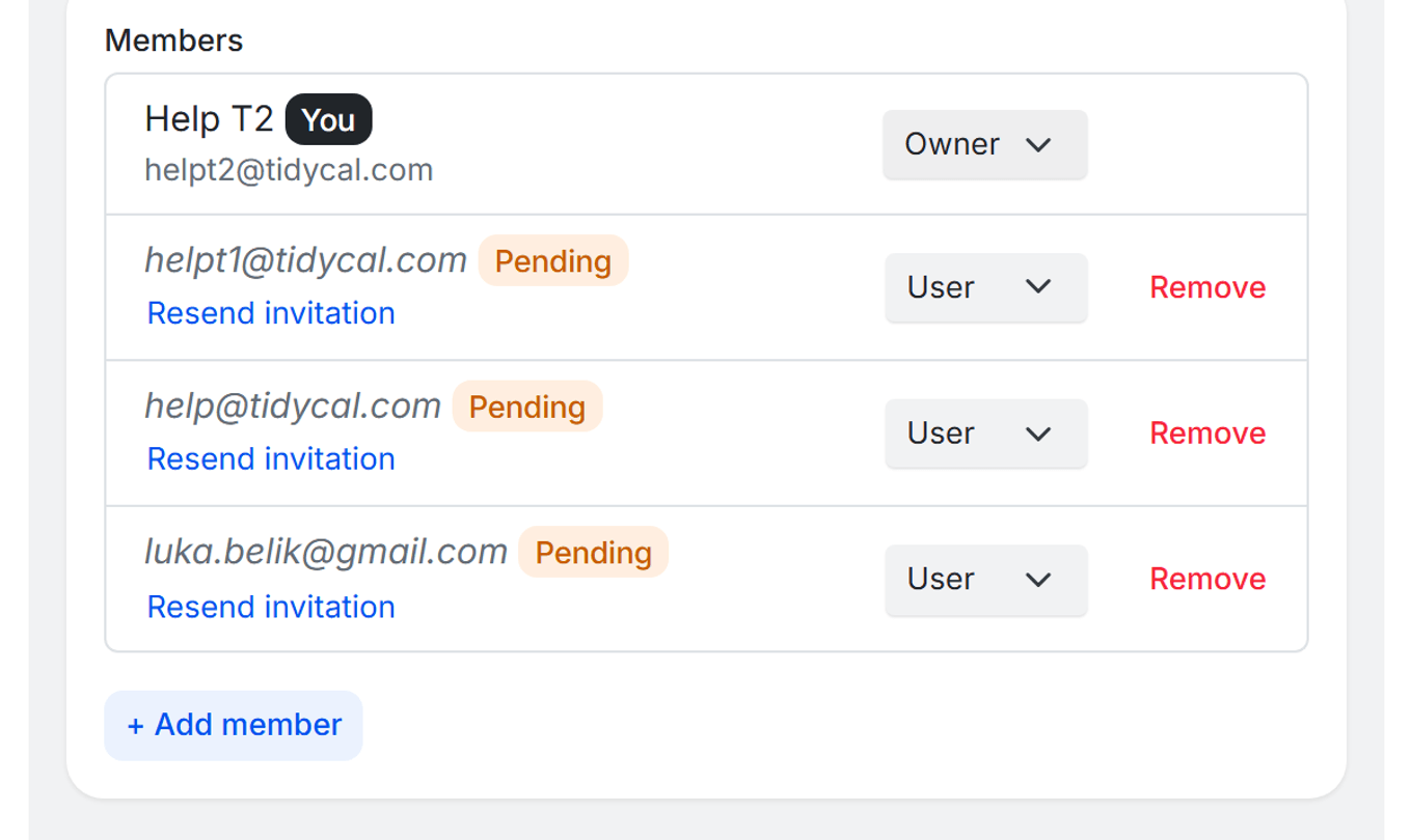 TidyCal team editor Members section with a role dropdown (Owner or User) next to each member