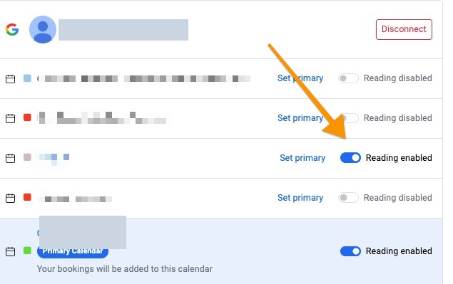 Google Calendar connection showing Reading enabled toggle for calendar conflict detection