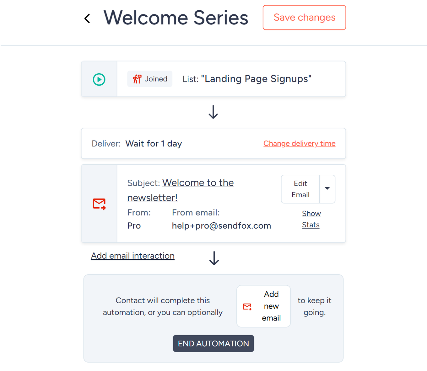 SendFox automation builder showing the list trigger, delivery delay, email step, and Add new email button