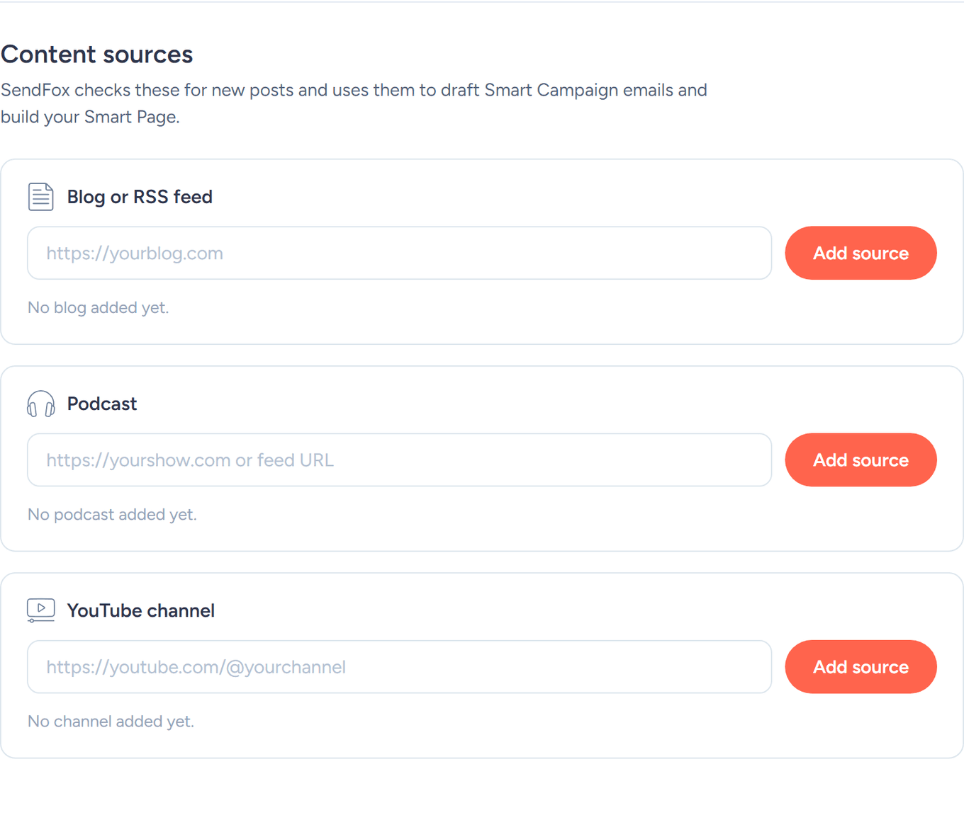 SendFox Web presence page Content sources section with Blog, Podcast, and YouTube fields