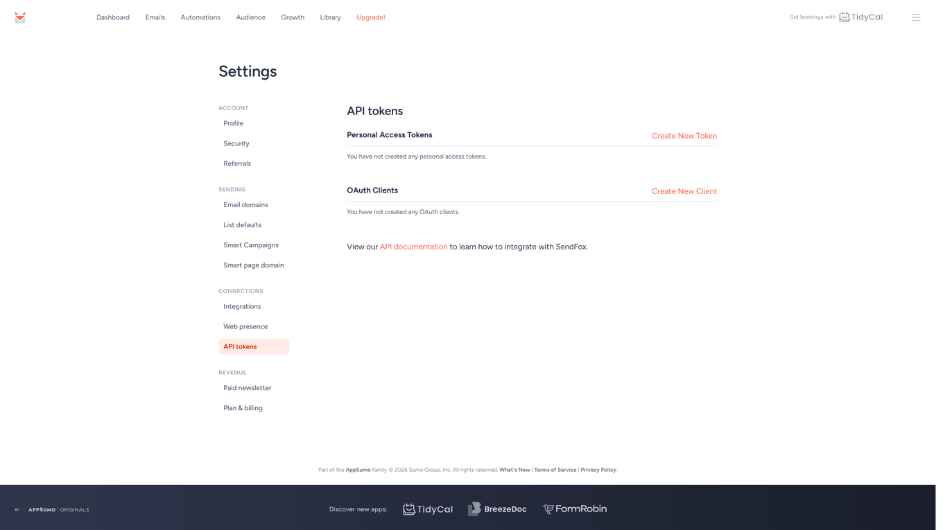 SendFox API tokens settings page with Create New Token and the OAuth Clients section