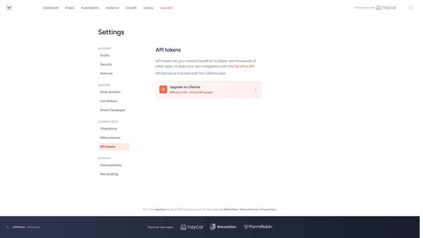 API tokens page on the Free plan showing the upgrade prompt for API access