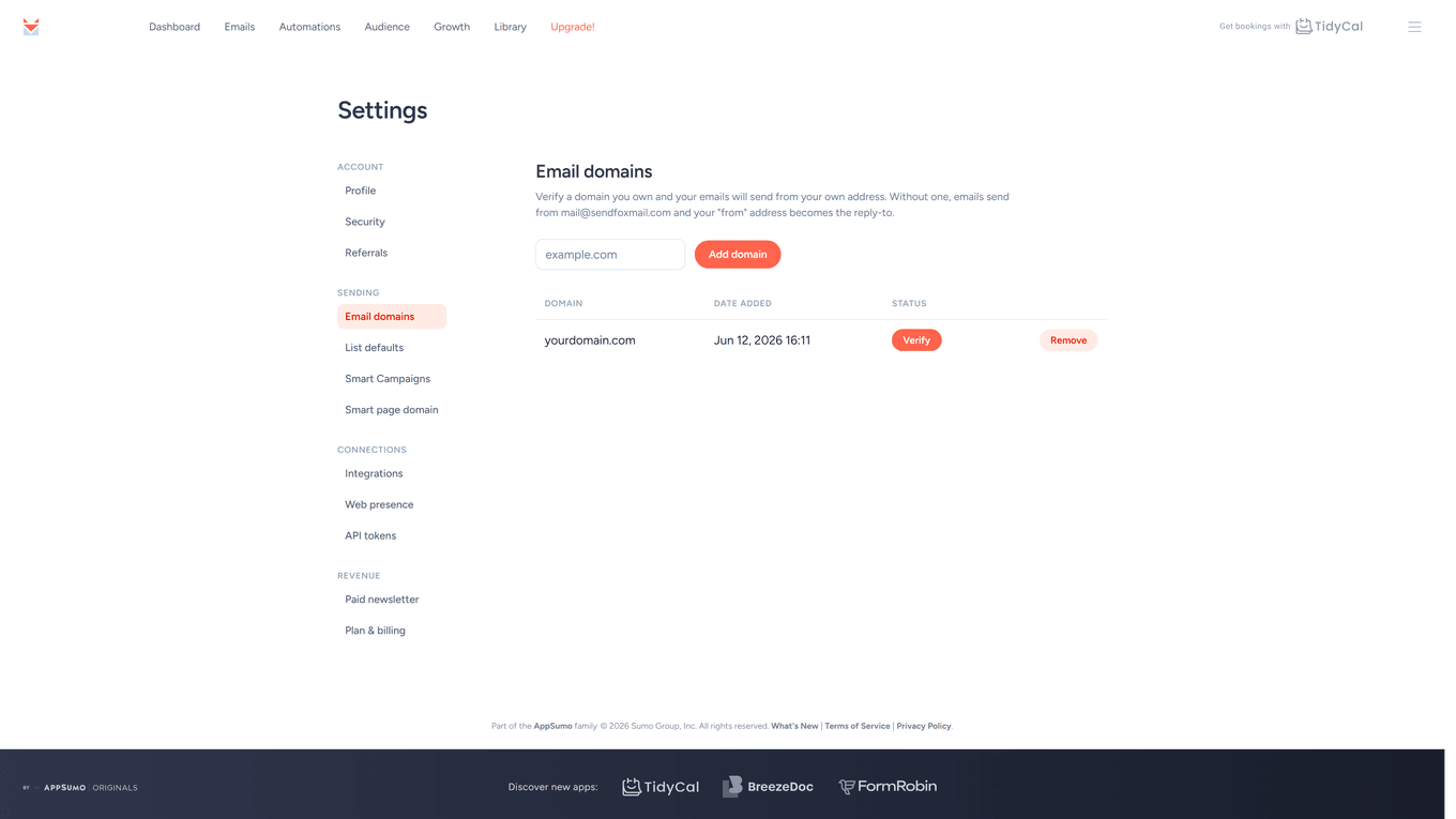 SendFox Email domains page with a domain added and the Validate button
