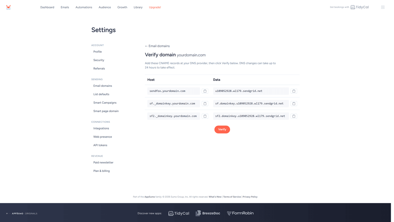 Validate Domain page showing the three CNAME entries to copy into your DNS settings