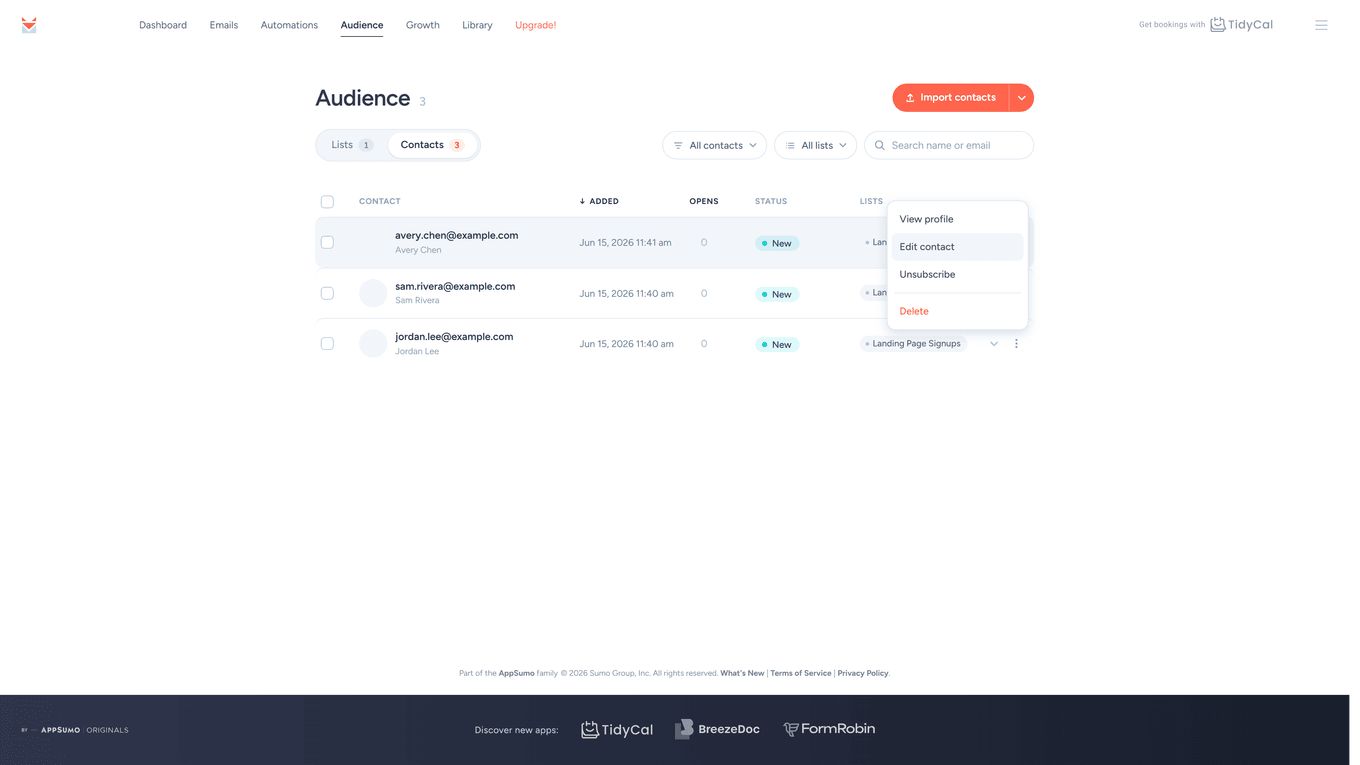 SendFox Contacts page with a contact's menu open showing Unsubscribe and Delete
