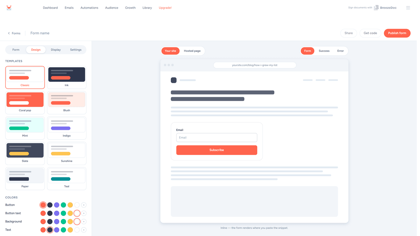 SendFox form builder Design tab with color templates and Button, Background, and Text color swatches