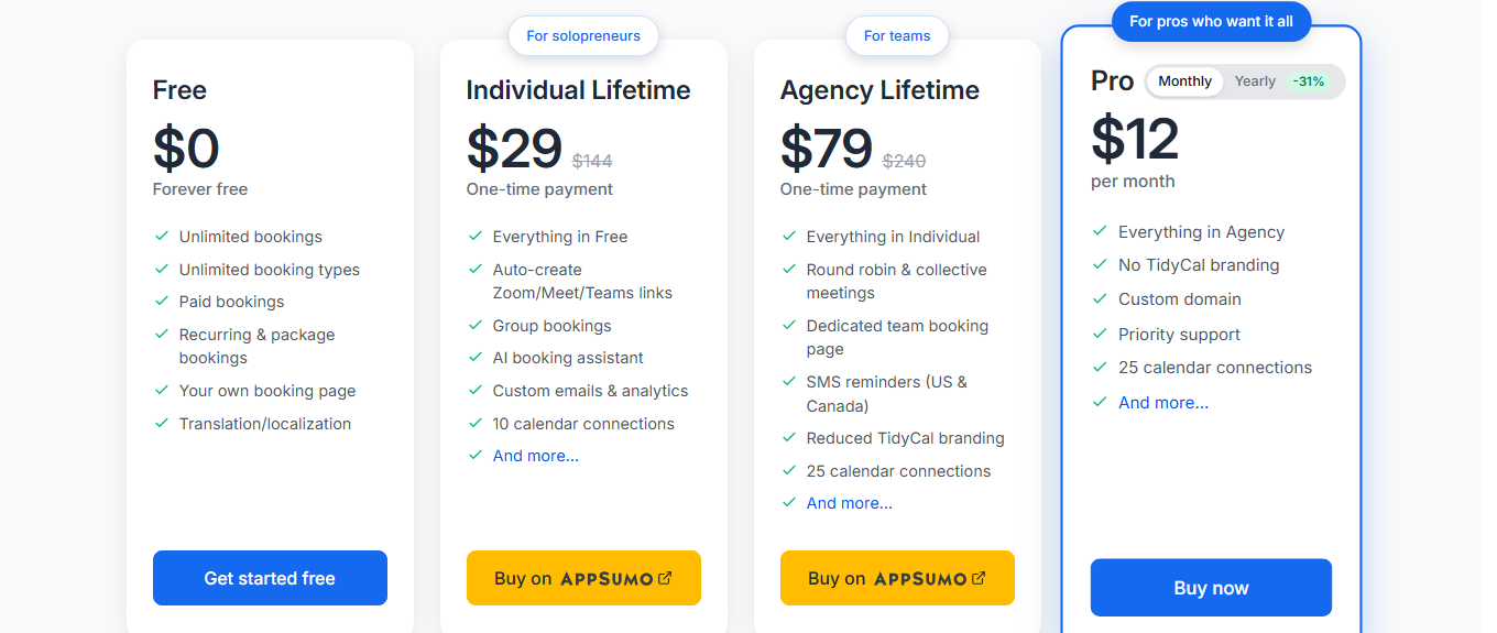 TidyCal pricing page showing all 4 plan cards: Free, Individual Lifetime $29, Agency Lifetime $79, and Pro $12/month with Monthly/Yearly toggle