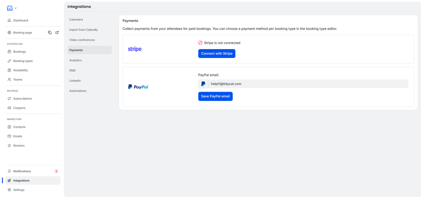 TidyCal Integrations page with Payments selected, showing Stripe not connected and a saved PayPal email