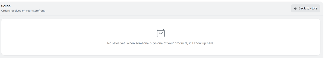 TidyCal Store Sales page showing the Back to store button and an empty orders list