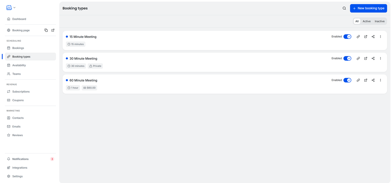 TidyCal Booking Types page showing booking type cards with links to click