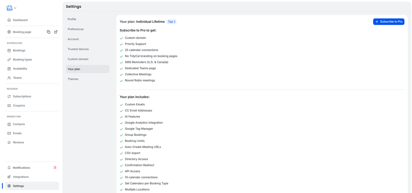 TidyCal Settings Your plan page showing Individual Plan features and upgrade option