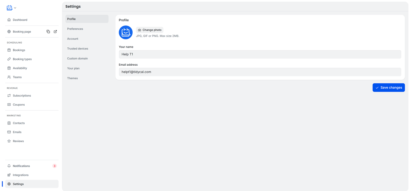 TidyCal Settings Profile page showing profile picture upload name and email fields
