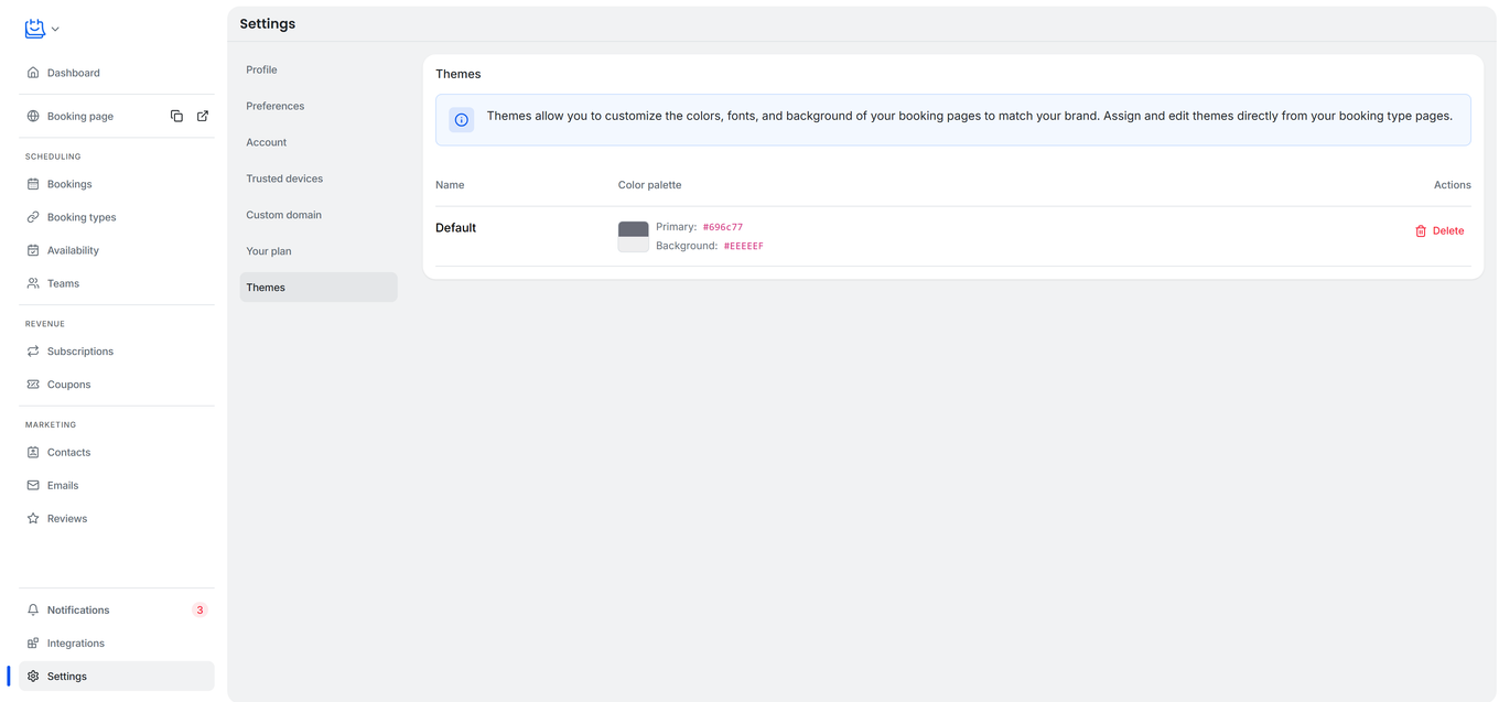 TidyCal Settings Themes page showing theme list with name color palette and delete action